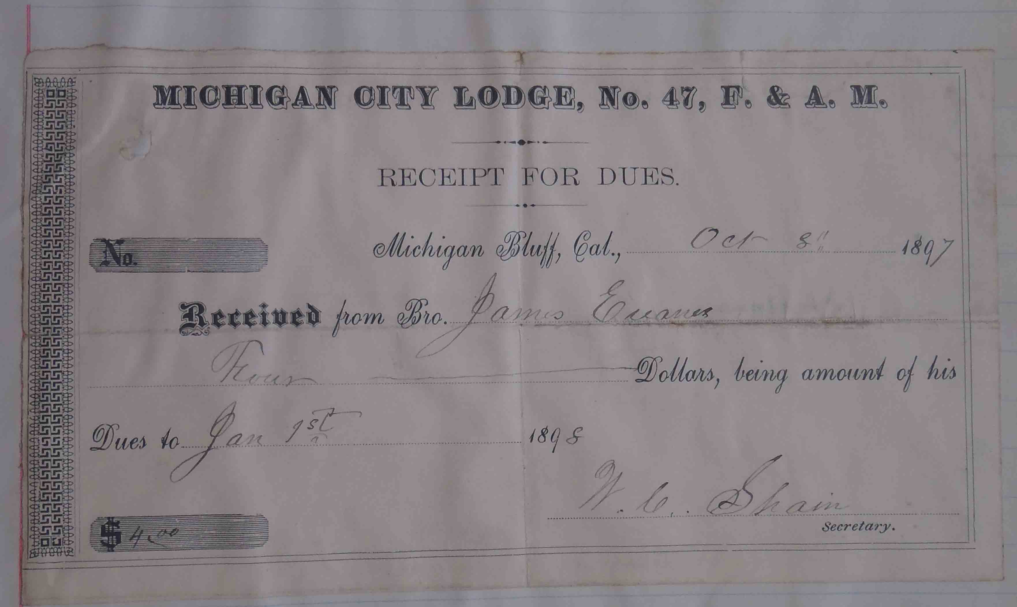 James Evans dues receipt-1897